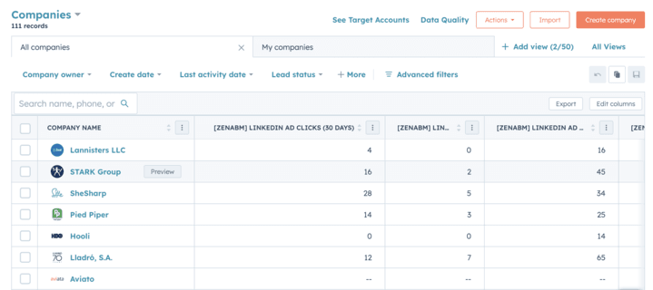 ZenABM metrics in HubSpot CRM