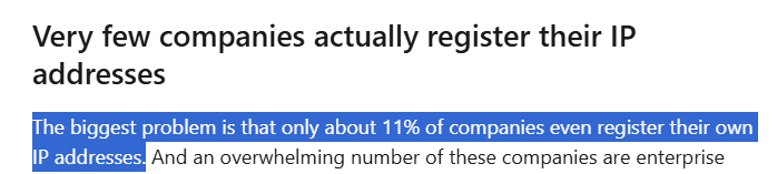 Kyle Ackerman's LinkedIn post highlighting that most companies don't register their IP addresses. 