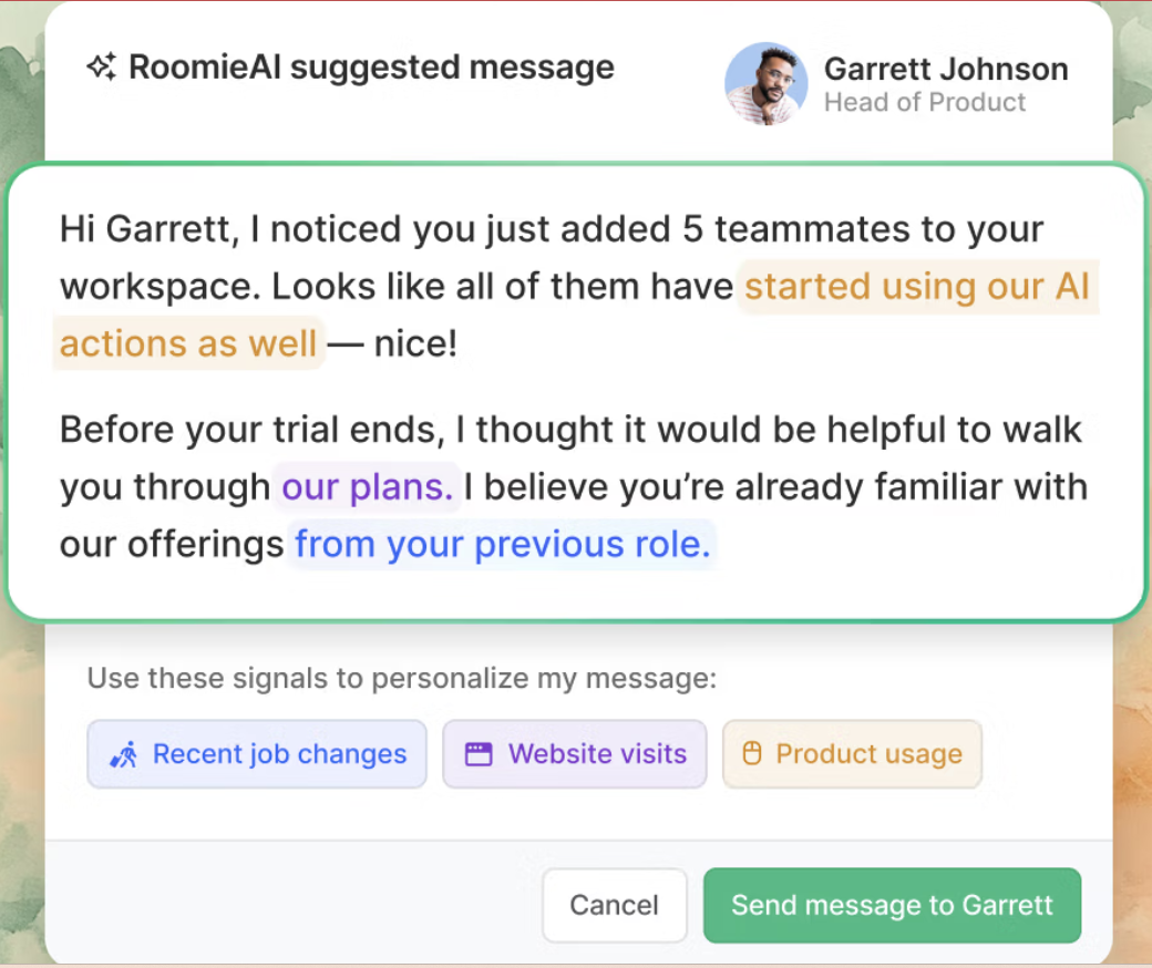 Common Room's Roomie AI for writing perfect emails based on enriched data