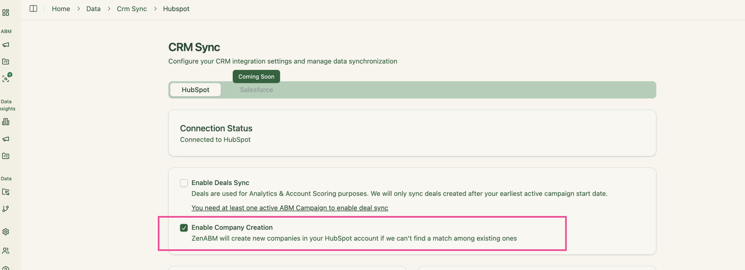 ZenABM company creation in Hubspot - CRM synch