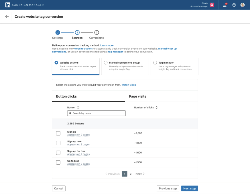 webiste tag conversions in LinkedIn