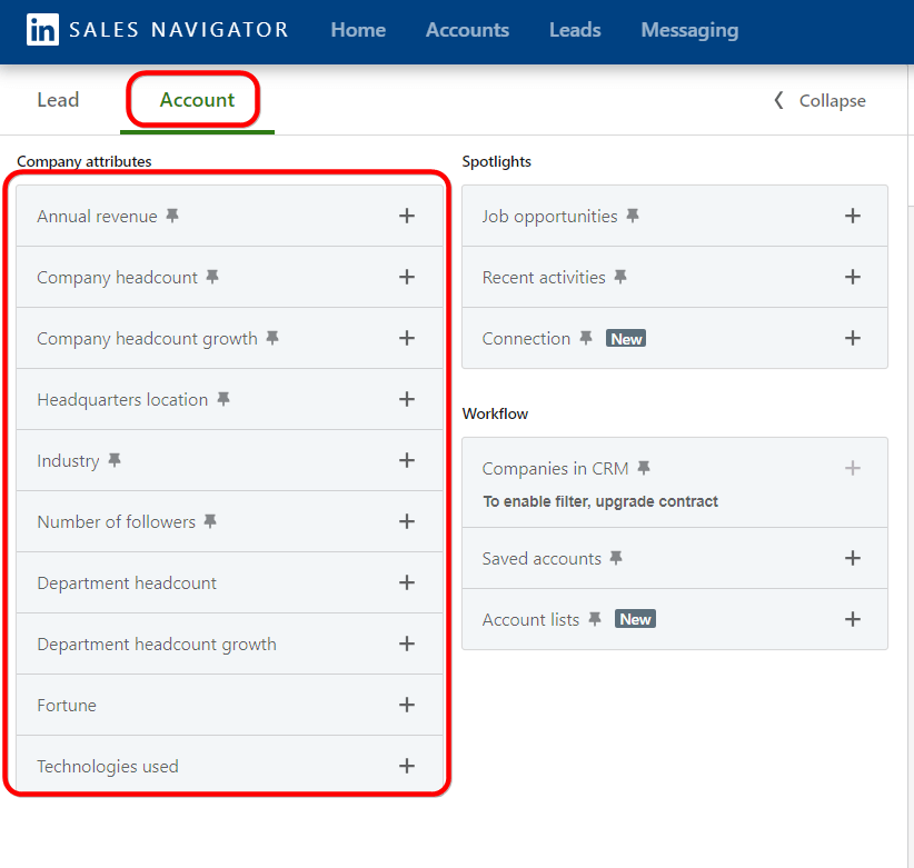 Filters available in LinkedIn sales navigator