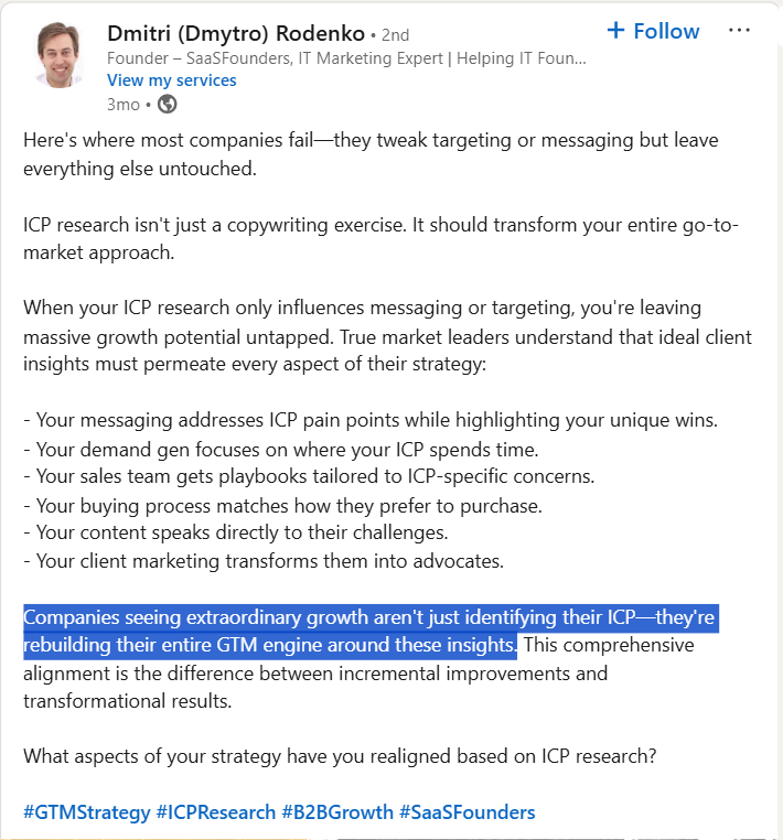 Dmitri's post emphasizing the importance of ICP research for ABM strategy and how its insights can literally transform your whole GTM motion for good