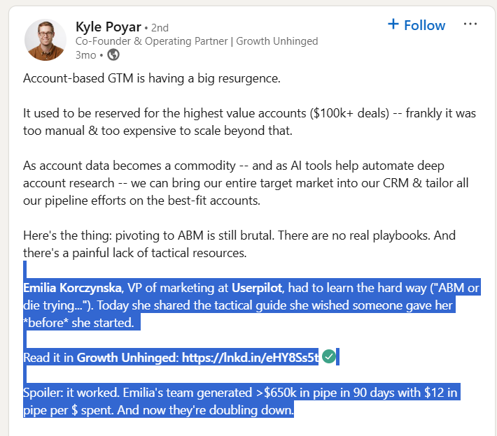Kyle Poyar's post about Userpilot's ABM success and higher ROI than their traditional campaigns