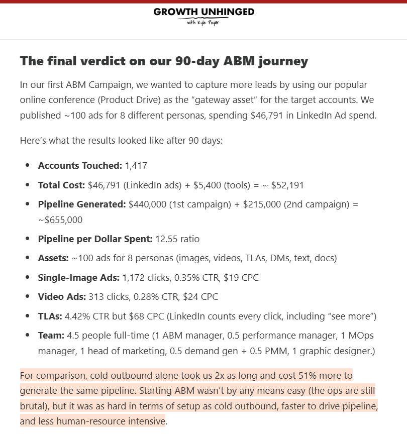 Userpilot's ABM case study on Kyle Poyar's newsletter talks about how their ABM campaign reduced sales cycles' duration by 50%