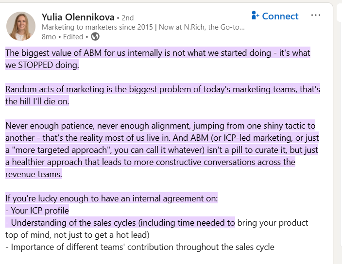 Yulia Olennikova, in her LinkedIn post, talks about how ABM difts away from random shiny tactics and that is the very reason of its success in generation a high quality pipeline.
