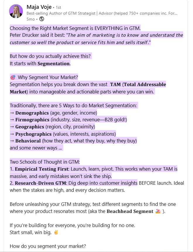 Maja Voje talks about segmentation of your TAM before building your TAL and the two schools of thought pertaining to it