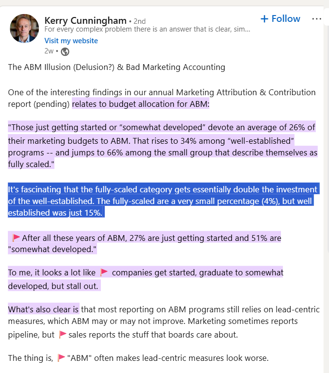 Kerry Cunningham's research suggest that hardly 4% of ABM initiatives actually scale gracefully