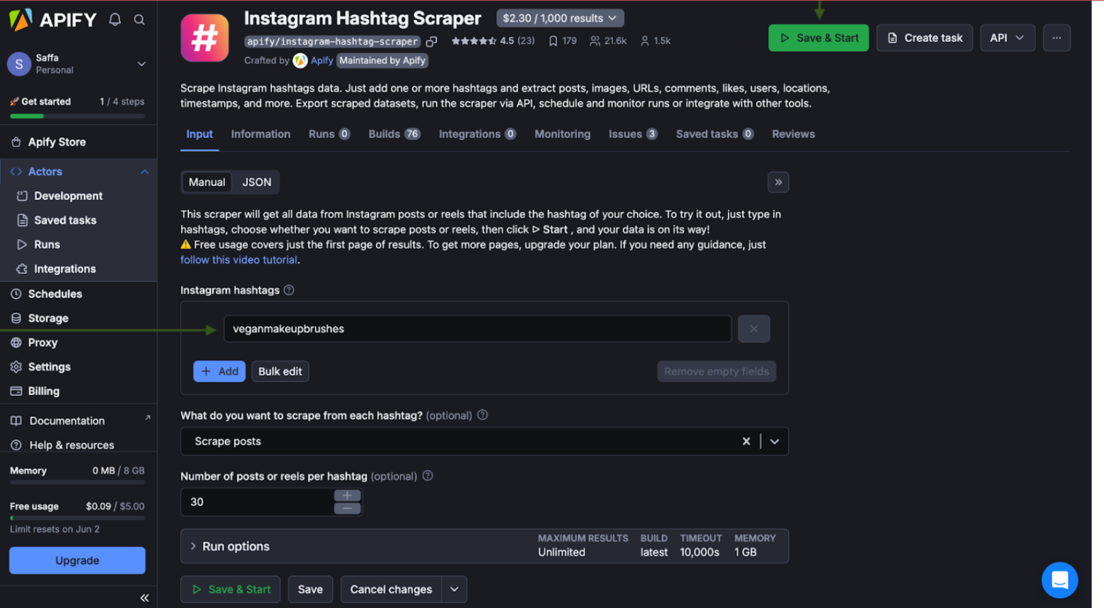 Instagram hashtag scrapper in Apify