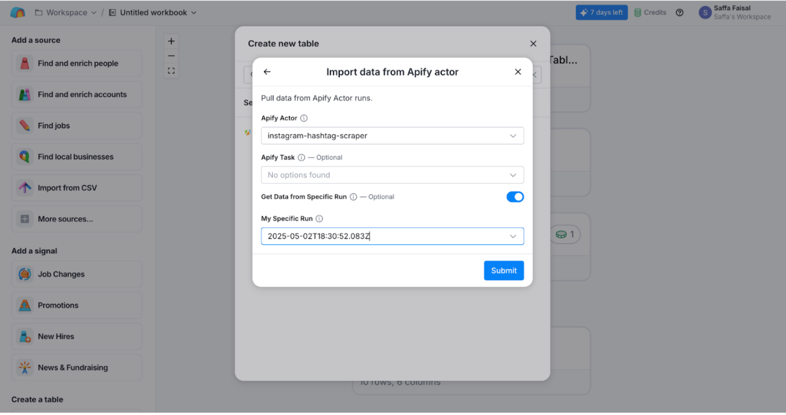 Importing data from Apify actor in Clay