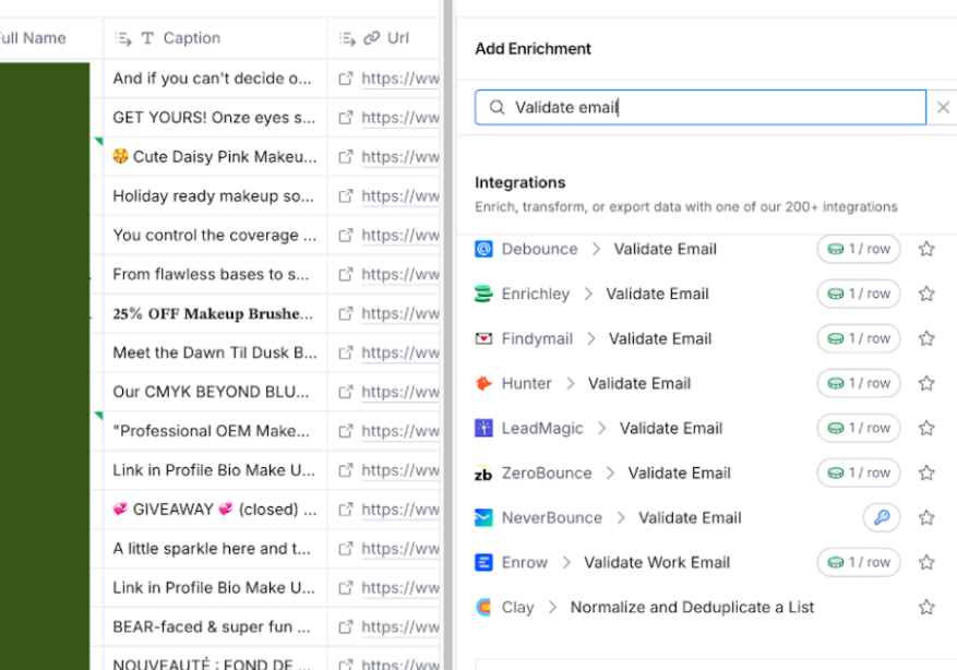 different integrations available in Clay for email validation
