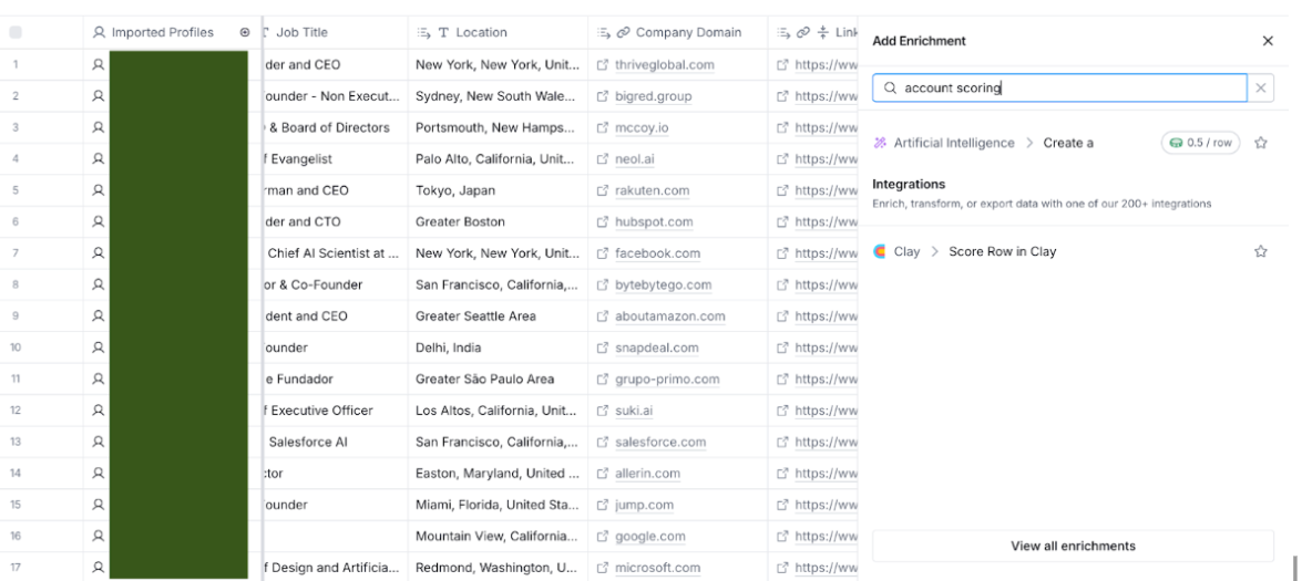 Adding the account scoring row in Clay