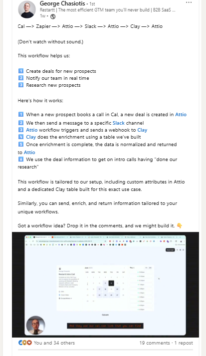 George Chasiotis' LinkedIn post where he shares the workflow to automate the research that your sales team does before hopping on a call with a new prospect