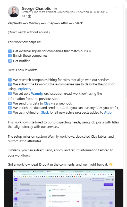 George Chasiotis' LinkedIn post where he shared how to automate finding and enriching companies that are hiring for roles similar to the services you provide to make them target accounts for ABM