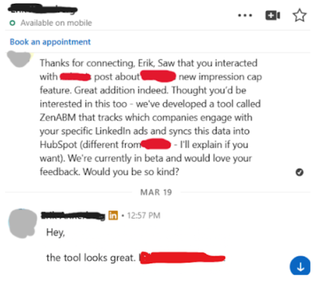 LinkedIn outreach message to people interacting with business-relevant LinkedIn posts