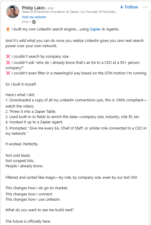 Philip's (Innovator at Zapier) post about how he turned LinkedIn into a search engine to tap into his existing network for building a TAL for ABM