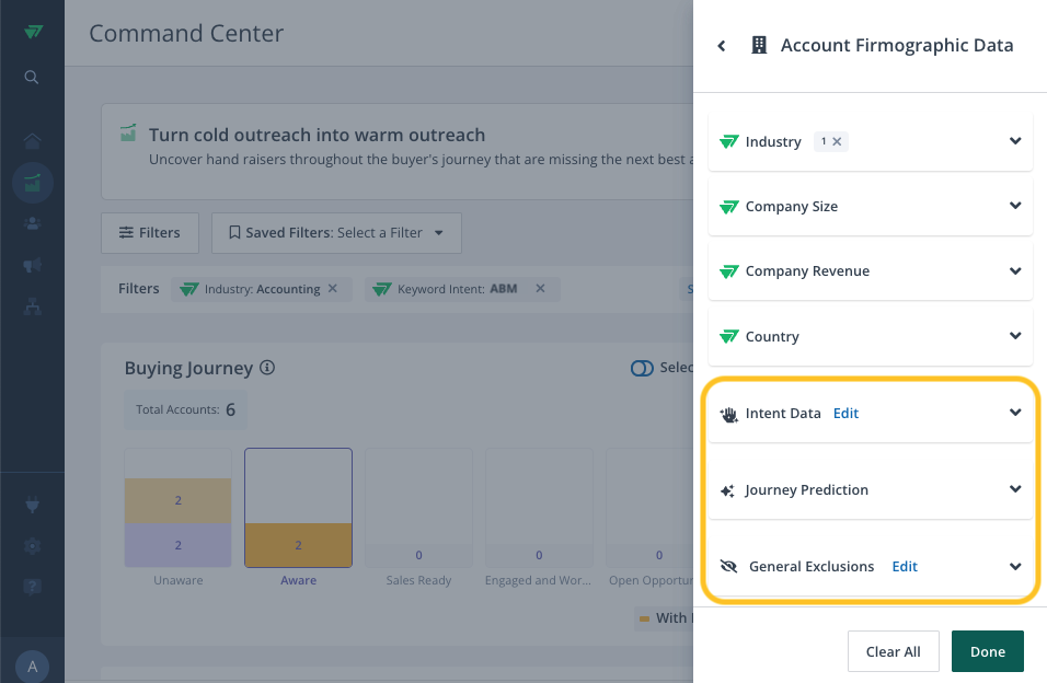 firmographic criteria used by Rollworks for scoring including industry, company size, company revenue, country, intent data, journey prediction, and general exclusions