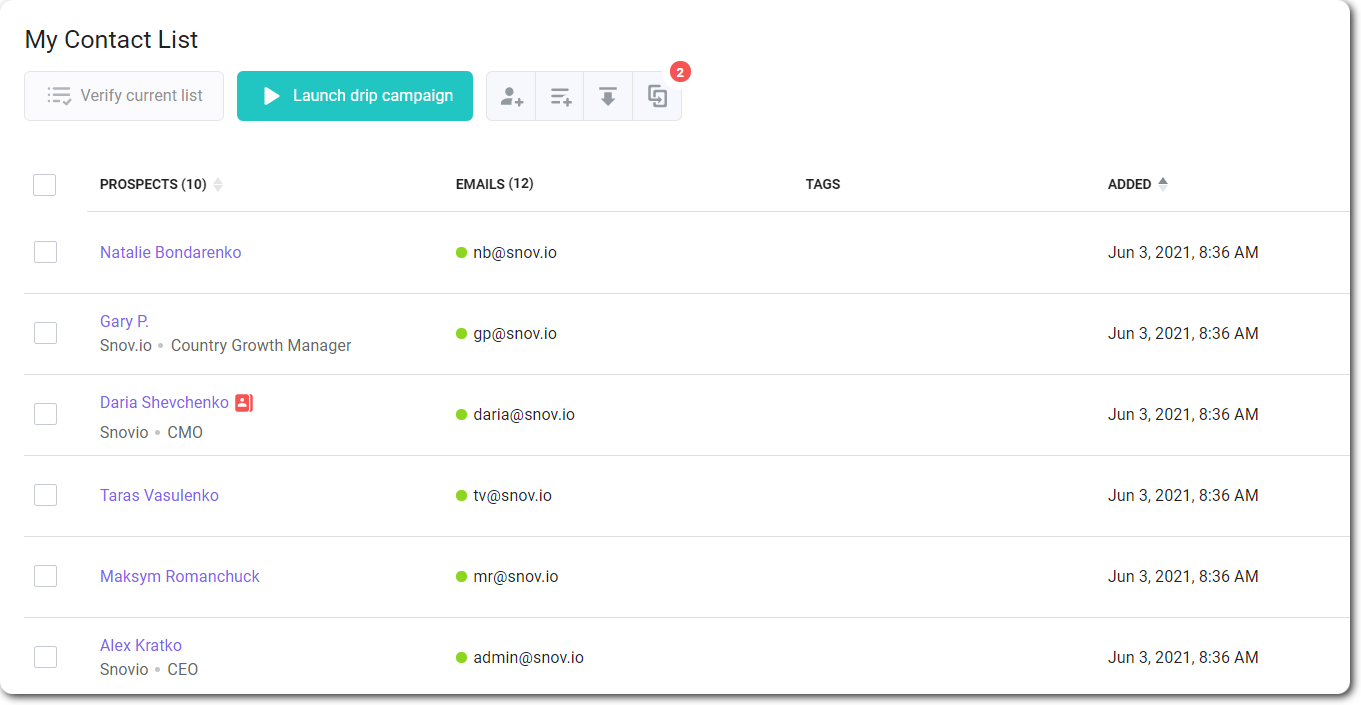 Contact lists with verified emails in Snov.io