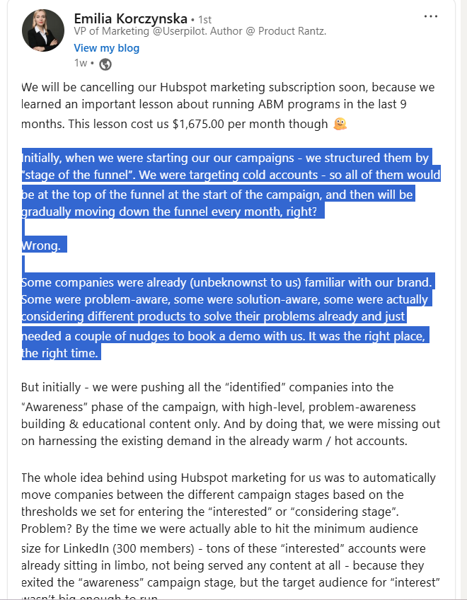 Emilia Korczynska shares in her linkedIn post that how they have kind of ditched their funnel obsession and have stopped assuming that every Target account on their TAL is completely unaware of their product and so should be exposed to very TOFU ads.