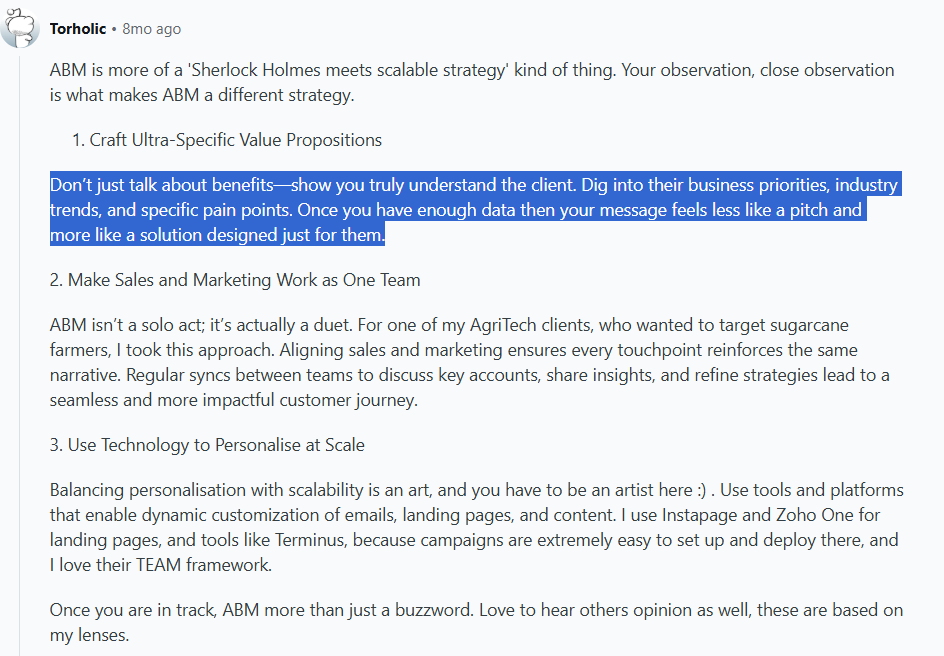 ABM prospecting expert on Reddit suggests crafting value propositions in a manner that your prospects think, the campaign was made for them. 
