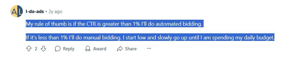 Reddit ABM expert suggests that manual bidding is better until the CTR is less than 1%