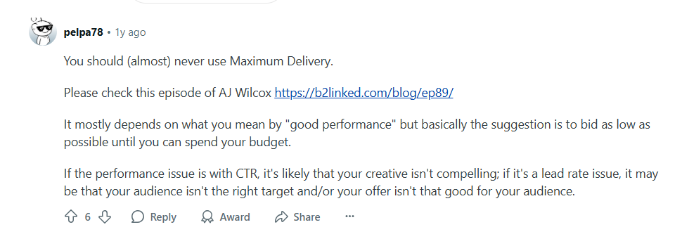 Reddit expert strongly criticizes maximum delivery option in manual bidding during your lean ABM strategy for LinkedIn ad campaigns