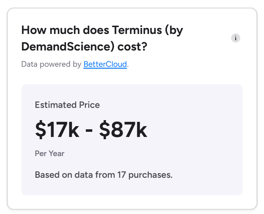 G2 reviews suggest a broad range of Terminus pricing which is about $18,000 to $87,000.
