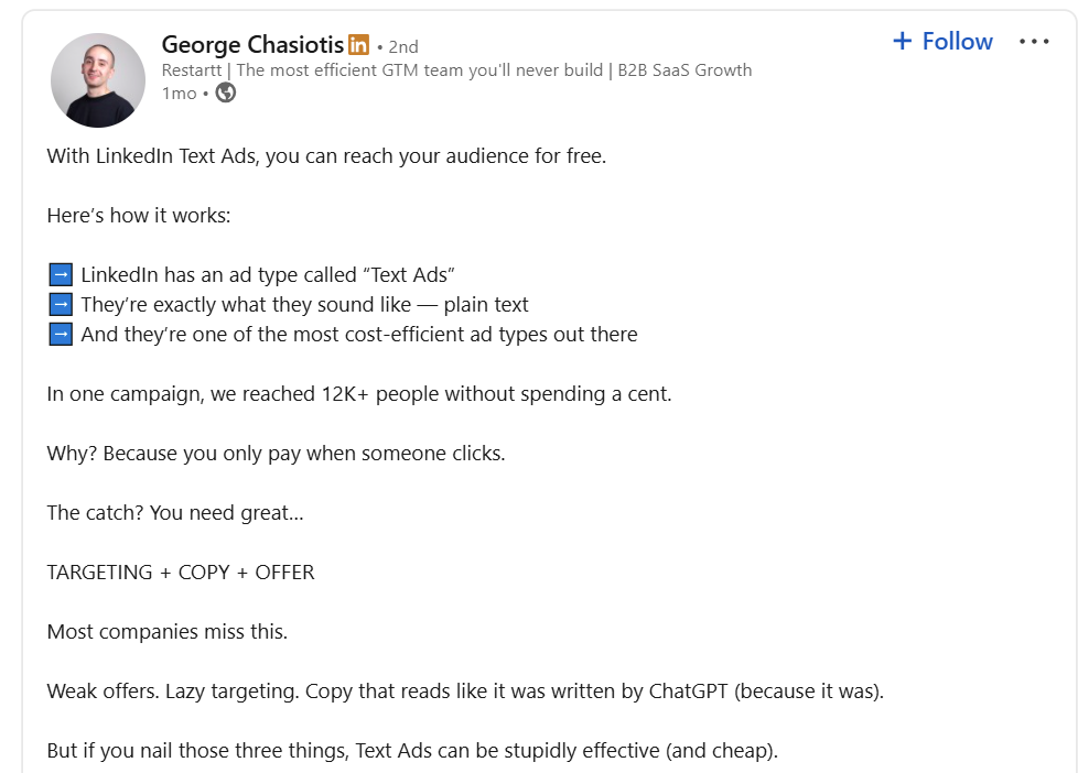 George Chasiotis on LinkedIn text ads