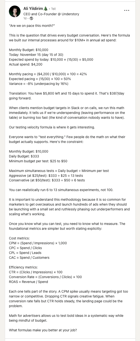 Ali Yildrim Monthly ad budget formula