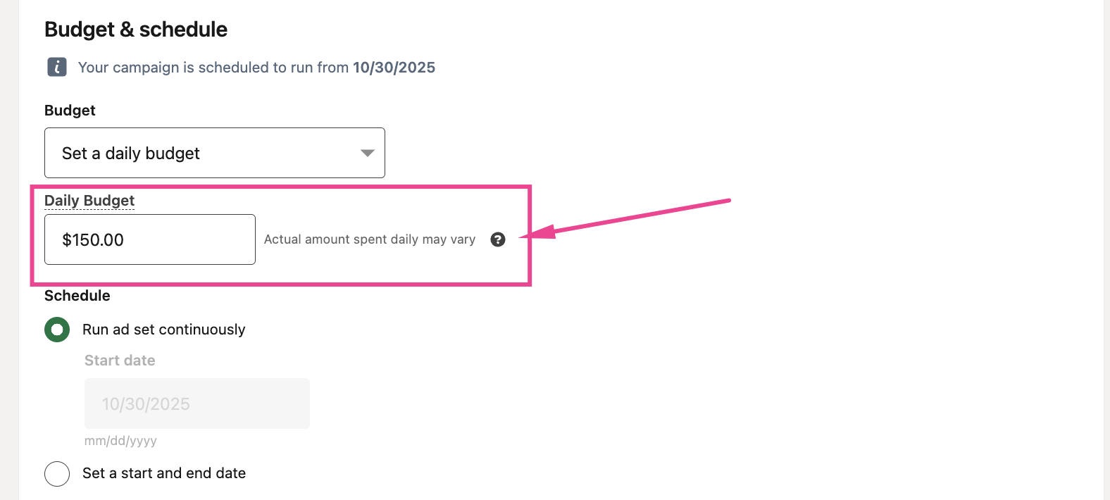 Daily budget for LinkedIn ads - actual spend may vary