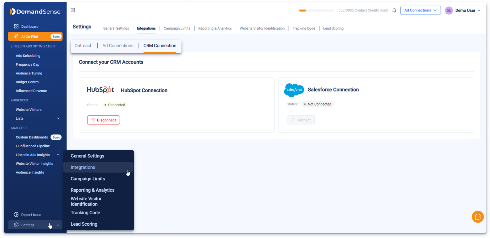 HubSpot and Salesforce CRM integrations in DemandSense