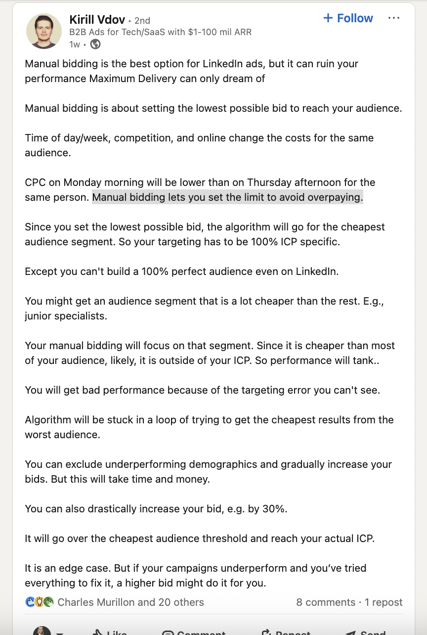 Manual bidding on LinkedIn