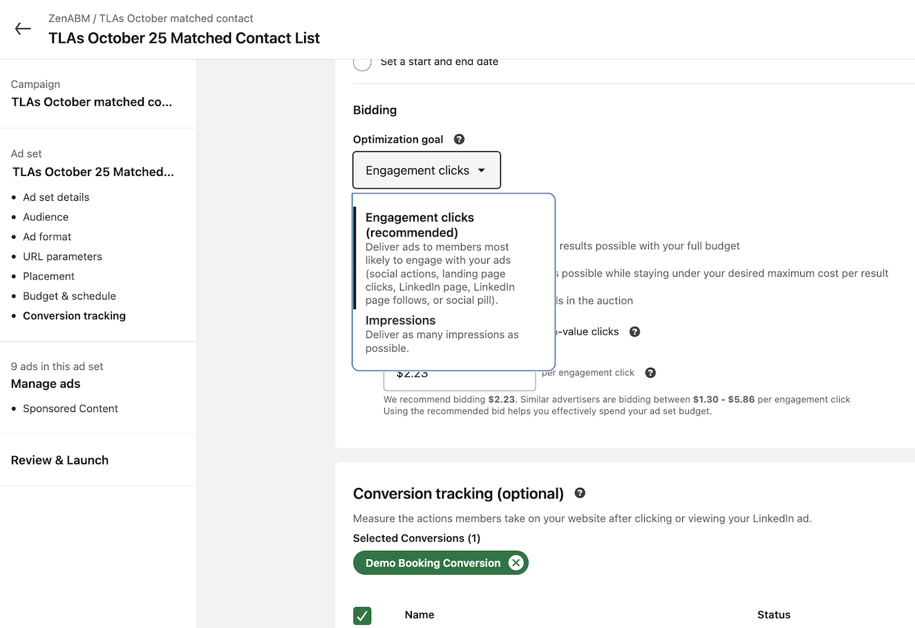 Linkedin campaign Optimization goals
