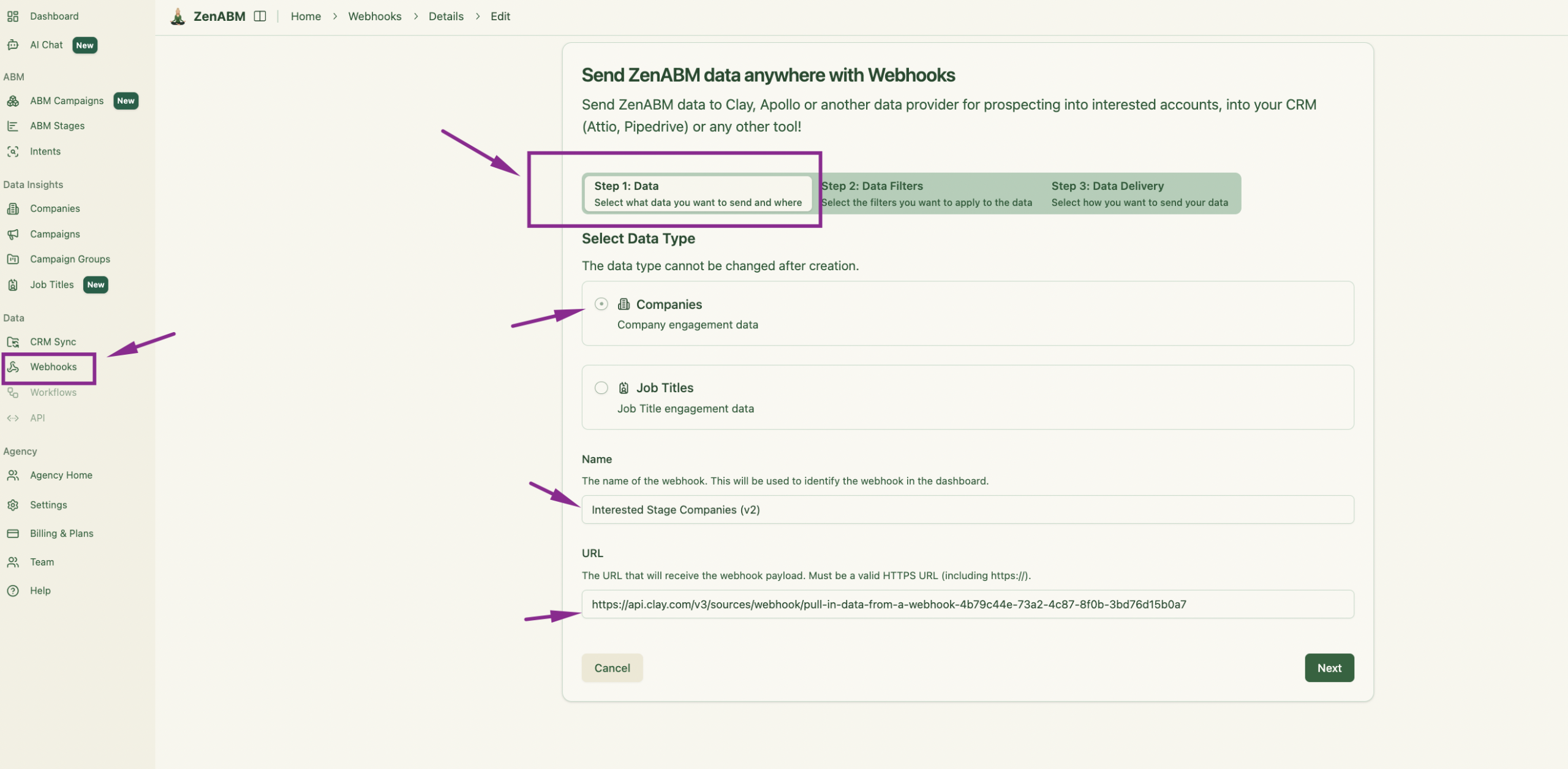 STEP 1- Send ZenABM interested stage companies in to Clay with webhooks