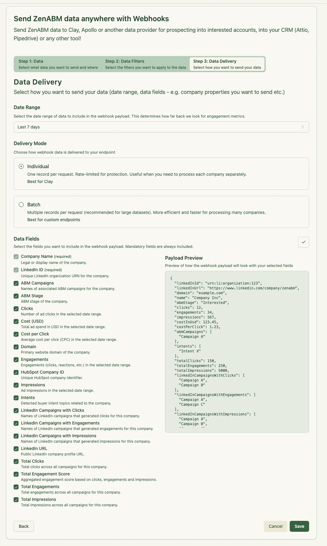 STEP 3- Select how you want to send your company engagement data from ZenABM to Clay