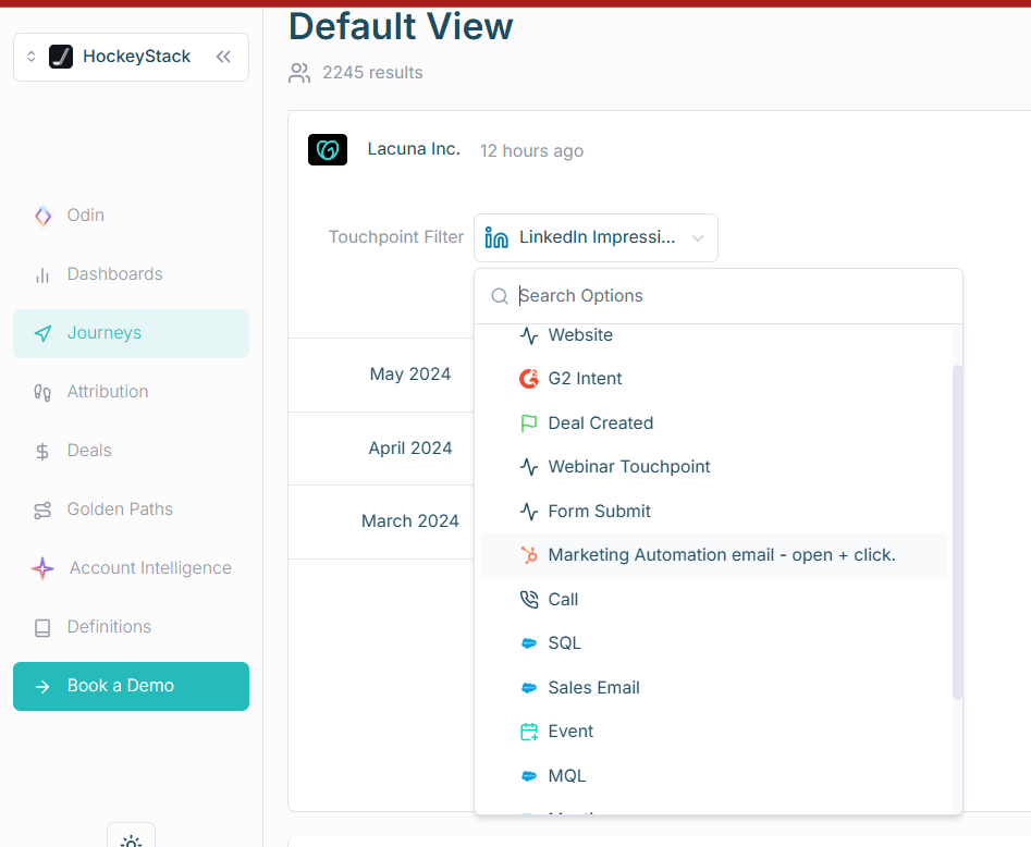 Filtering person-level data from broad account-level based on 17 + touch-points for Multi-Channel Attribution in HockeyStack