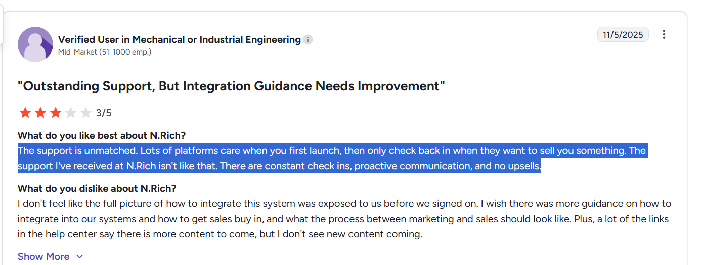 N.Rich customer support feedback