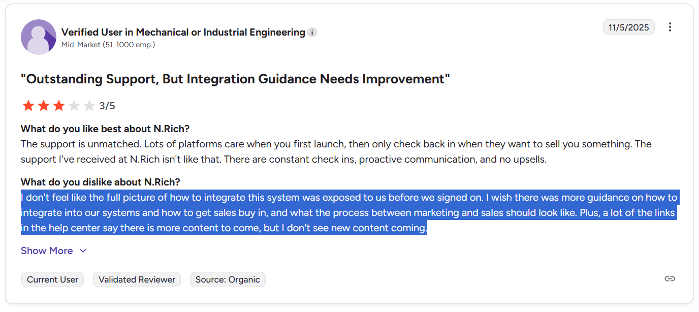 N.Rich integration complaint on G2