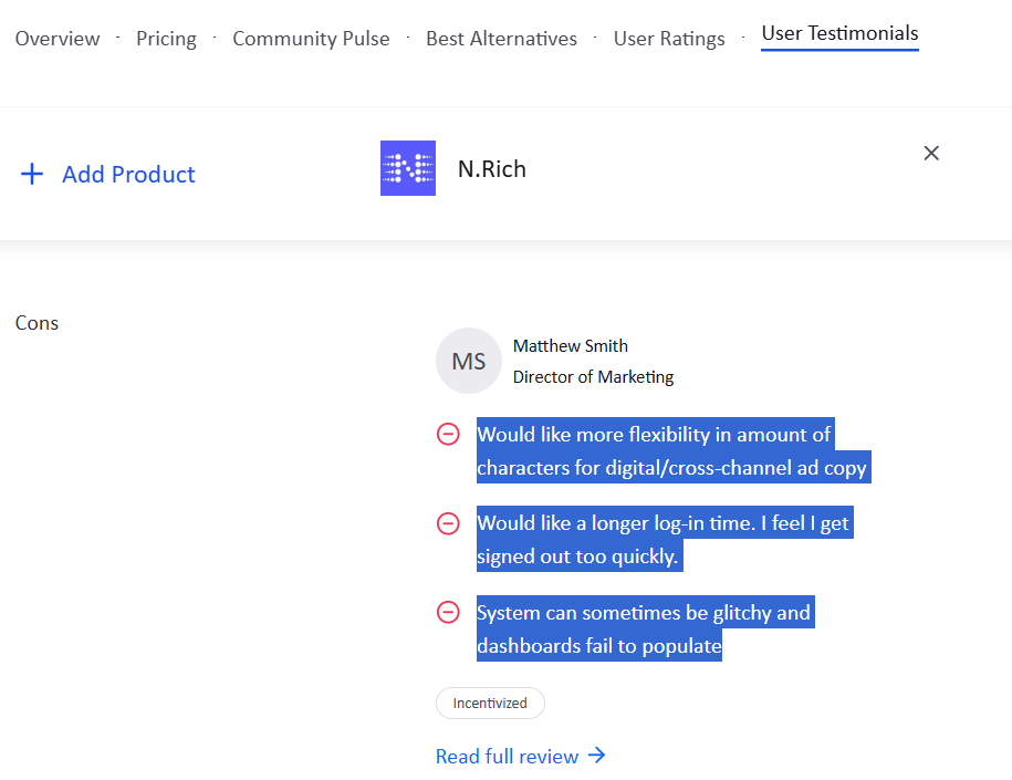 Reviewer on Trustradius points out N.Rich limitations