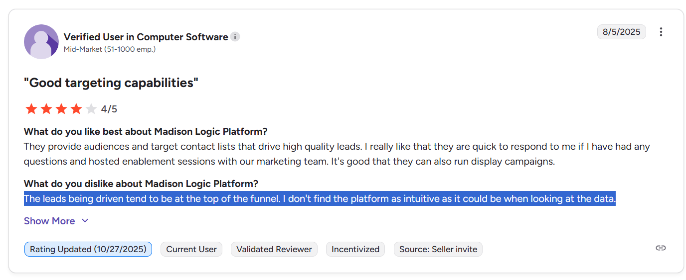 Users on G2 report that Madison Logic's account list based on intent surges can sometimes bring in very top-of-the-funnel leads who aren't ready to buy.