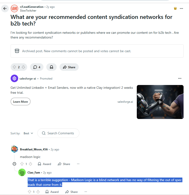 Redditor says Madison Logic's content syndication isn't worth it. 