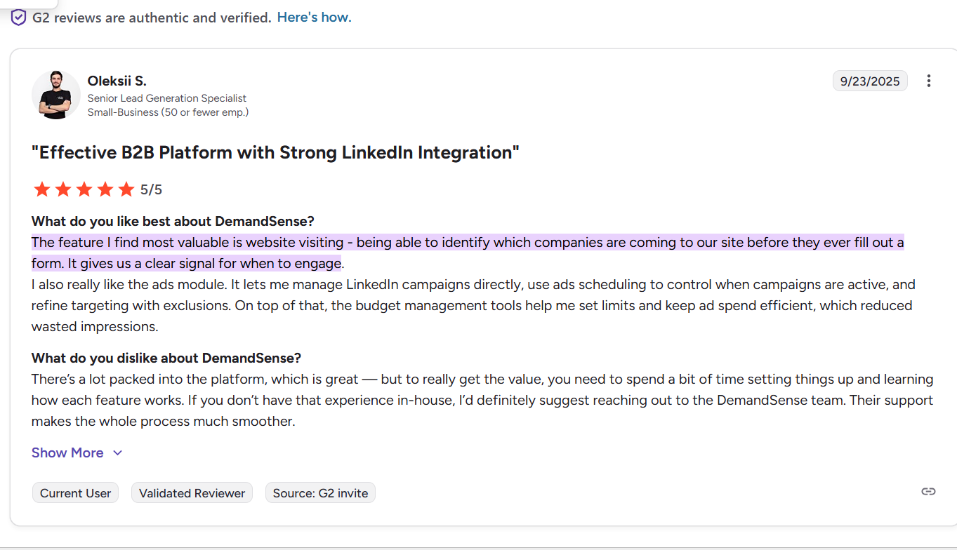 G2 reviewer praised DemandSense's website visitor identification