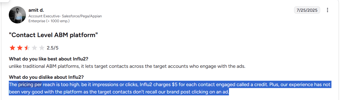 G2 reviewer complains that Influ2's pricing per reach is too expensive