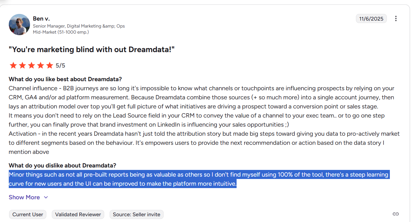 G2 reviewer on Dreamdata reports