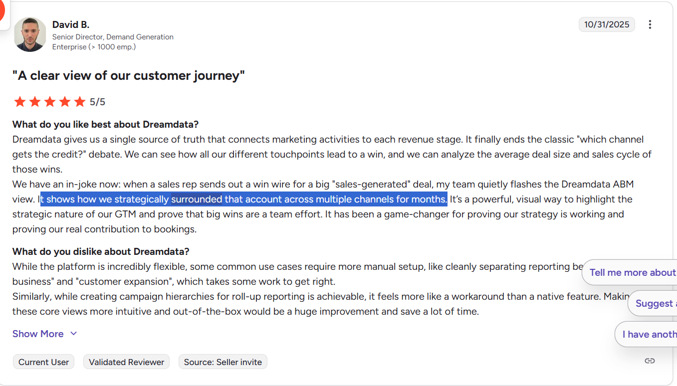 G2 reviewer on Dreamdata ABM view