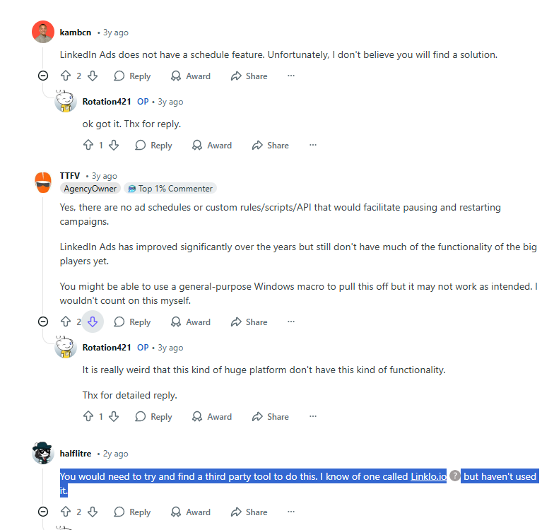 Redditor talks about Linklo as a solution for LinkedIn ad scheduling