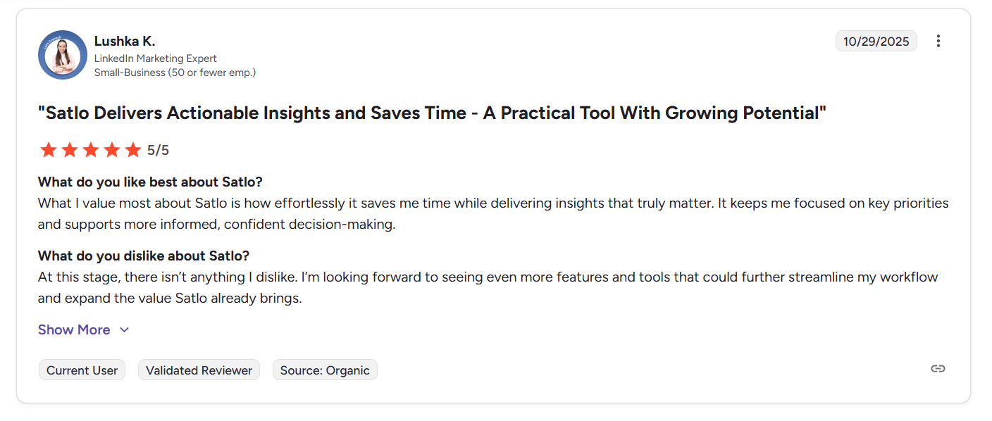 The one review on G2 that Satlo has got praises it for efficiency