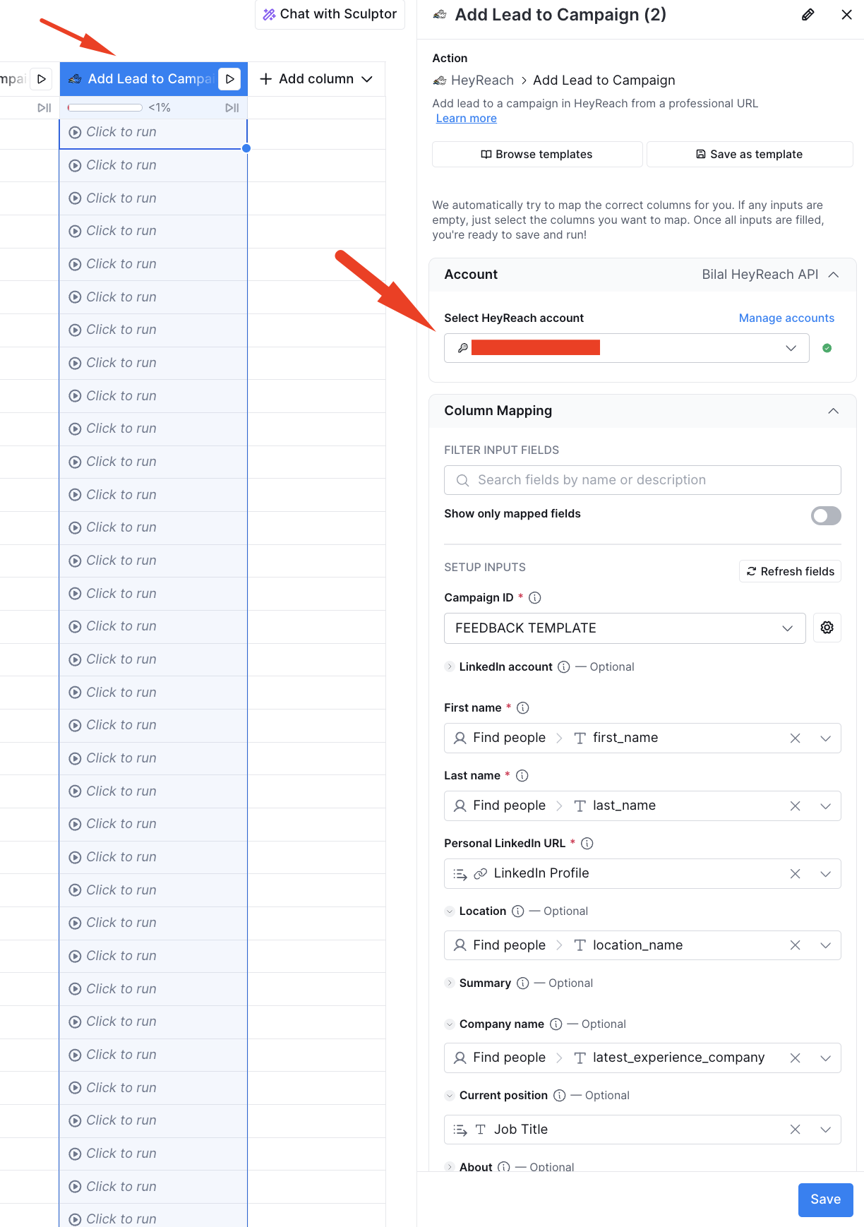 Select Heyreach account for outbound from ZenABM via Clay