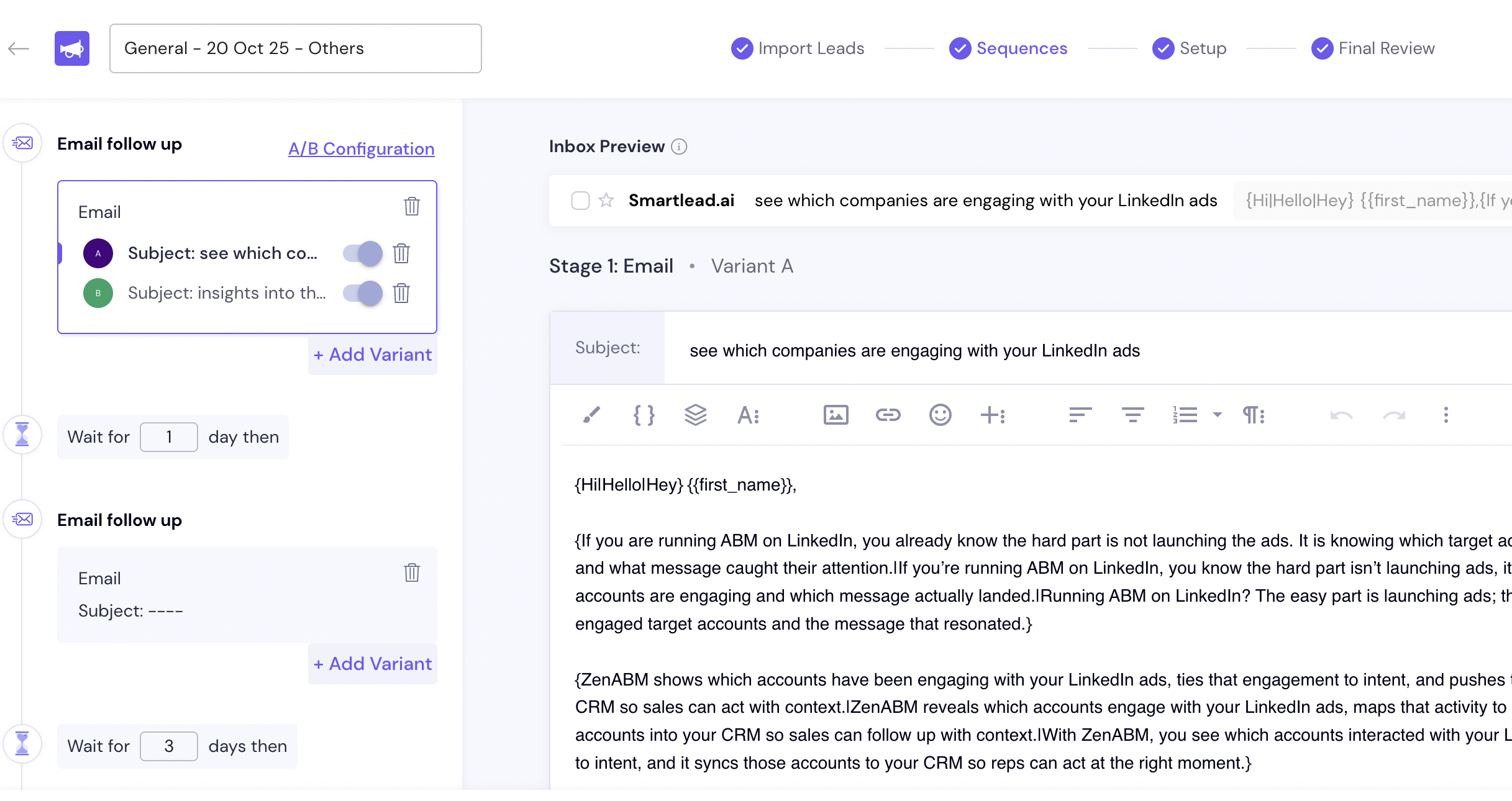 Smartlead sequence for ZenABM 1
