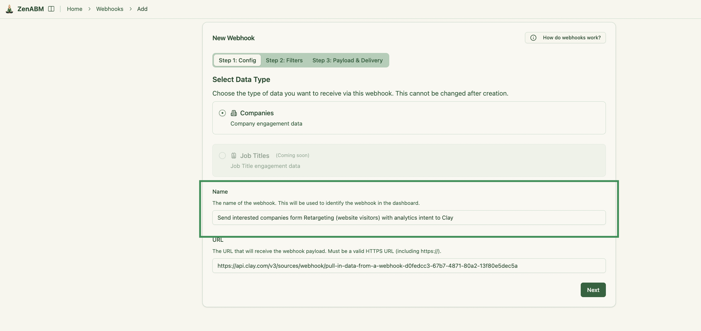 Step 1- ZenABM webhook - define what companies to send